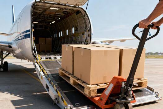 Pallets of parcels being loaded onto a cargo plane