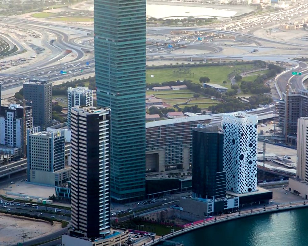 City towers and highways seen from above